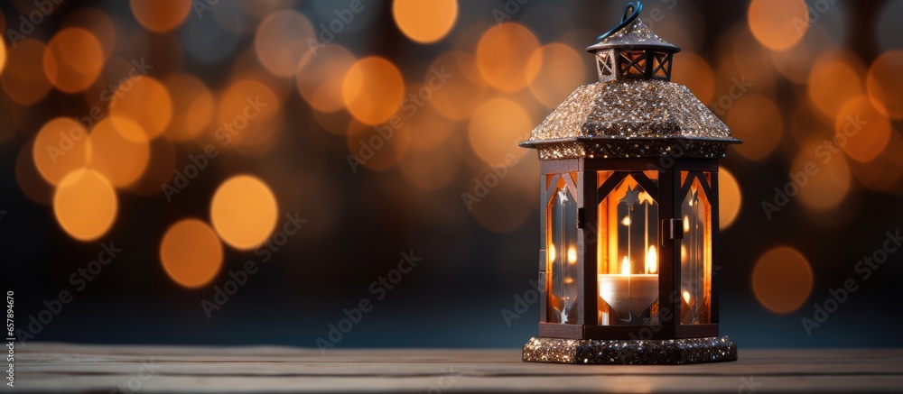 Sticker table with christmas lantern made of wood featuring bokeh effect