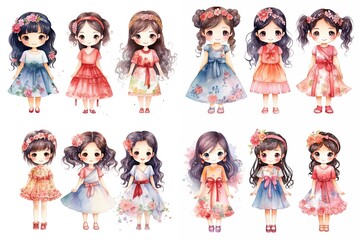 watercolor style illustration of cute young Asian girls wearing pretty dress standing together, collection set, Generative Ai