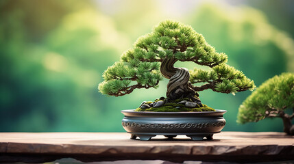 cascade style pine bonsai, outdoor, natural sunlight, planted in a jade green glazed pot, sitting on an ornate stand, light clouds as background