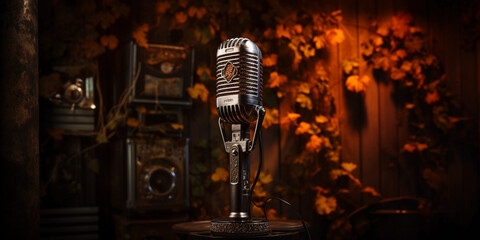vintage microphone stand, showcasing its rusty yet charming metalwork, set in an old - school recording booth with retro wallpaper
