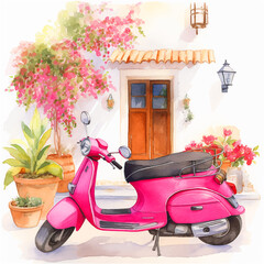 Vintage motorcycle in a tourist town watercolor painting ilustration