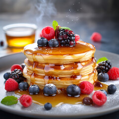 Stack of testy fluffy pancakes drizzled with maple syrup and topped with fresh berries.