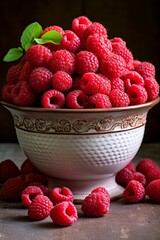 Lots of fresh raspberries in a bowl