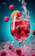 Raspberry Cocktail as Summer Drink with Sparkling Water and Lemon