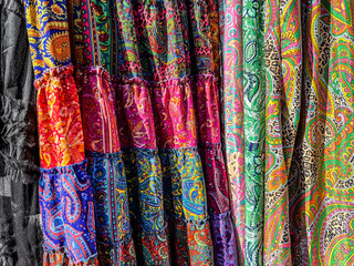 A well-known bazaar in the town of Zarki in Poland, colorful fabrics for sale