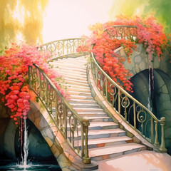 Bridge staircase with flowers watercolor painted