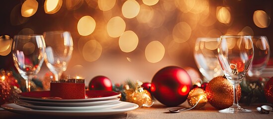 Festive family table with decorations for Christmas dinner at home