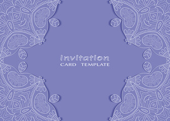 Invitation or Card template with lacе frame border, doodle line pattern, mandala element. Decorative openwork filigree art background for Wedding, Valentine's day greeting card, Birthday Invitation