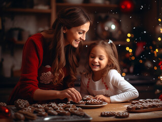Happy mother and daughter decorating christmas cookies at table in kitchen. 