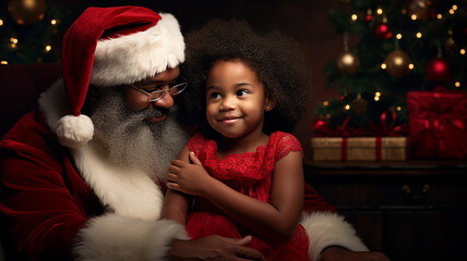 Cute smiling african girl sitting on santa claus's lap near christmas tree. - obrazy, fototapety, plakaty