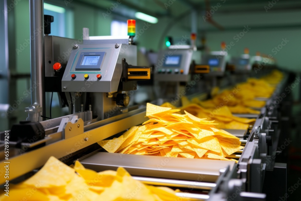 Poster chips factory. production conveyor line. background with selective focus and copy space