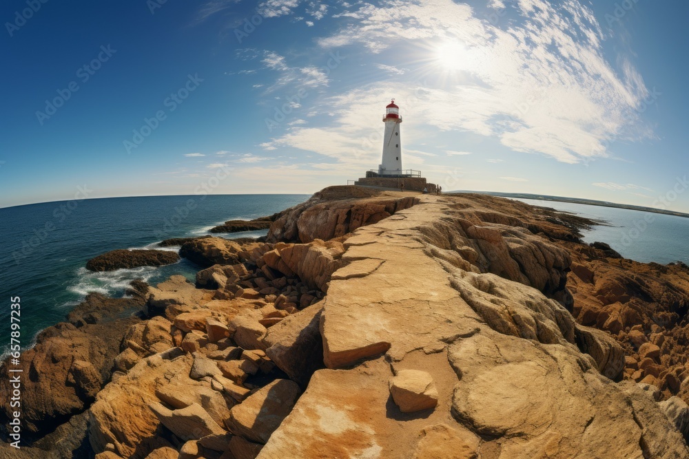 Poster lighthouse on the seashore. background with selective focus and copy space