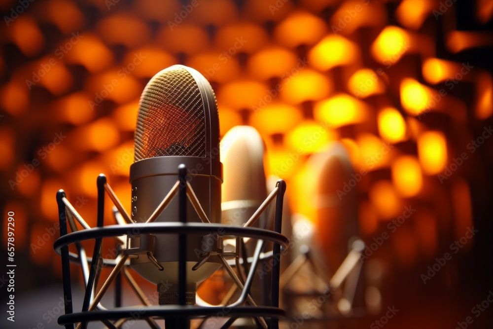 Poster equipment in a recording studio. background with selective focus and copy space