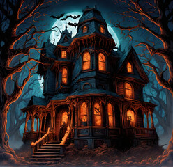 Escena de halloween casa encantada dibujo