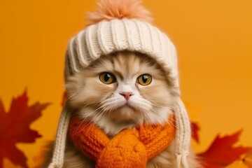 A beautiful cat in clothes on an autumn backdrop. Background with selective focus and copy space