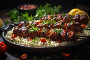 Appetizing shish kebab on skewers. Traditional American cuisine. Popular authentic dishes....