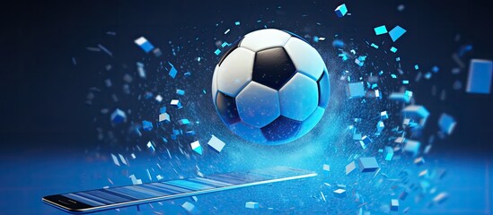 Naklejka premium Football ball with smartphone screen motion effect designed for sports concept Illustrated in with a blue background Ideal for online live sports and casino betting design Represents goal c