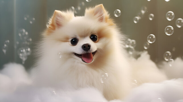 Bathing cute white pomeranian spitz in bathtub with foam and soap bubbles.