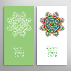Cards or Invitations set with tribal ethnic mandala ornament, doodle floral geometric pattern for wedding, bridal, Valentine's day, greeting card or birthday invitation. Decorative colorful background