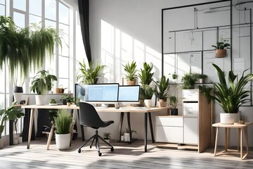 3d render Interior of light office with programmer's workplace and houseplants 