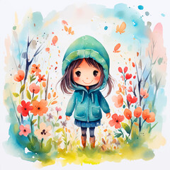 Little girl among flowers watercolor paint ilustration