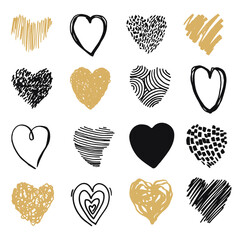 Hearts print set isolated on transparent background. Vector gold and black symbols of love template for Happy Mother's. Valentine's Day greeting card design. for banners, postcards, stickers, posters