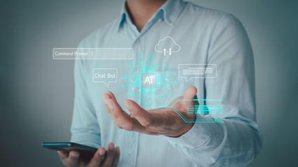 AI tech, Artificial Intelligence. businessman show virtual graphic internet connect Chat bot with...