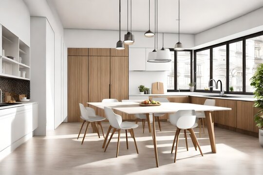 3d rendering Interior of light kitchen with dining table and white counters