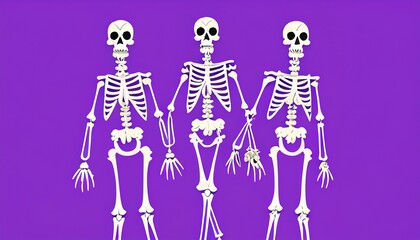 Fototapeta na wymiar Purple background with three skeletons dancing holding hands