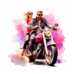 A beautiful couple riding a motorcycle watercolor paint vector ilustration