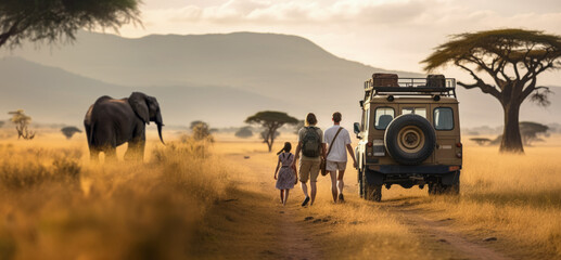 Young couple with kid walking over savanna next to off road vehicle at sunset wild elephant near,...