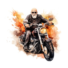 Old man riding a motorcycle watercolor painting