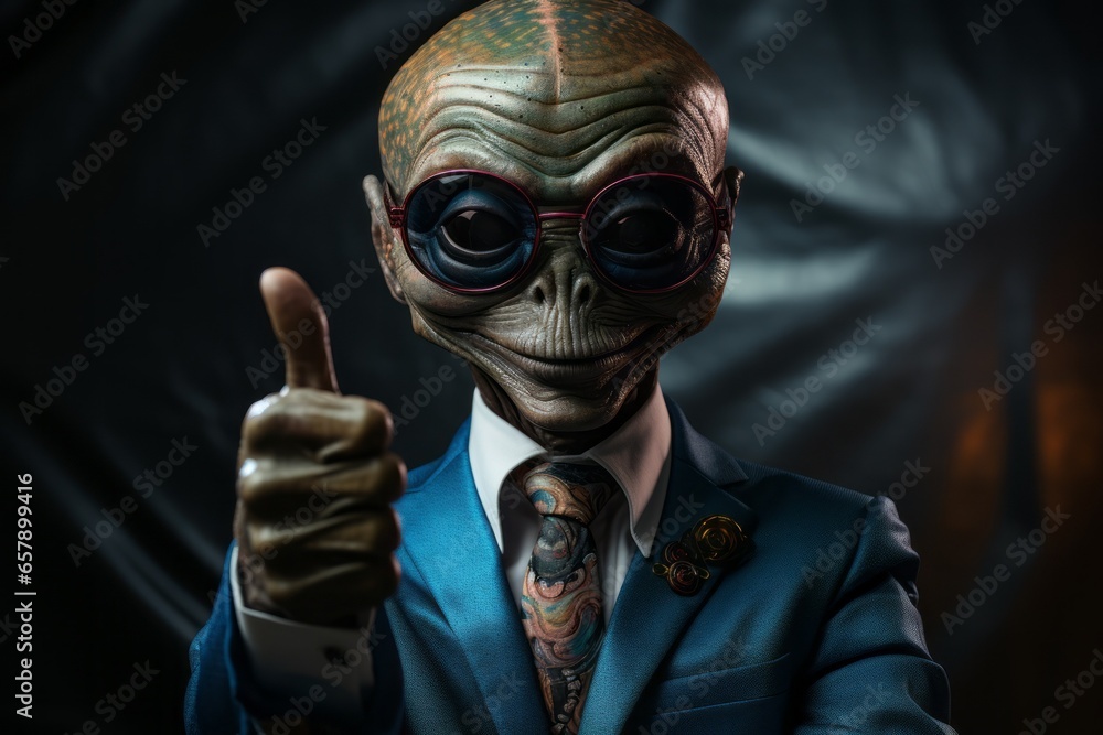 Poster alien shows thumbs up gesture. portrait with selective focus and copy space