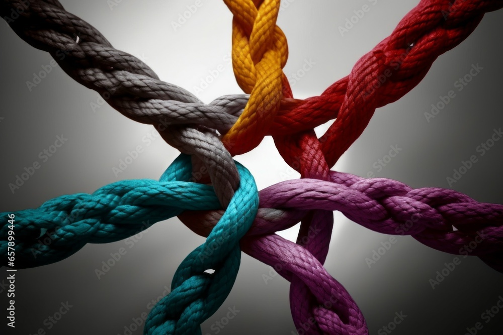 Poster different ropes are woven into a knot. teamwork concept. background with selective focus and copy sp