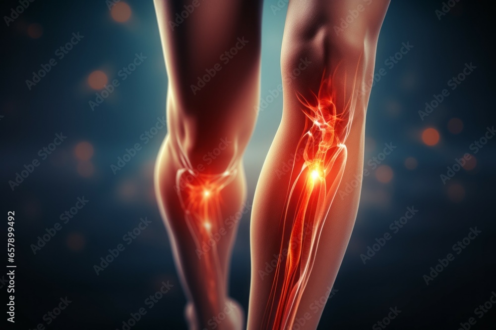 Poster legs with visualization of nerve endings. joint problems concept. background with selective focus