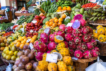 Fresh exotic fruits on famous market in Funchal Mercado dos Lavradores Madeira island, Portugal