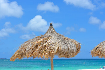 Aruba idyllic Caribbean beach at sunny day with rustic palapa and sun loungers, Dutch Antilles. Blue colours of sea and sky.  Space for text.