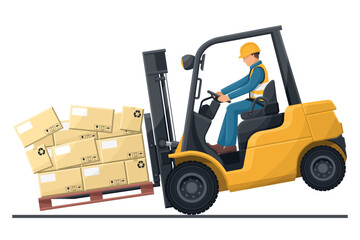 Dangers of driving a forklift. Industrial worker in an accident with boxes falling on the fork lift truck. Work accident in a warehouse. Security First. Industrial Safety and Occupational Health © Ipajoel
