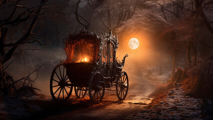 Obraz premium Fairy-tale forged carriage in the winter forest. Generation AI