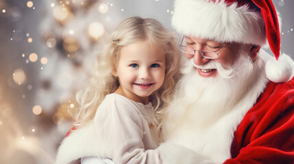 blonde girl with santa claus with christmas background