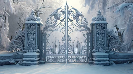 Fotobehang Forged iron gates, winter landscape. Generation AI © MiaStendal