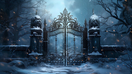 Forged iron gates, winter landscape. Generation AI