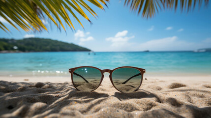 Fototapeta na wymiar Sunglasses on the beach under a palm tree with sea background