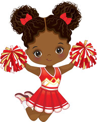 Vector Cute African American Cheerleader with Pom Poms Jumping 