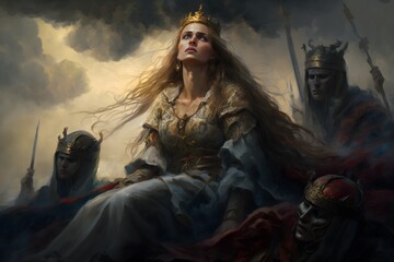 The Slavic goddess Bereginya sits on the clouds weeping and watching as her sons die on the hill in battle two brothers modern soldiers wounding each others weapons Tragic Epic Action Scene 