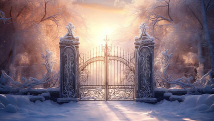 Forged iron gates, winter landscape. Generation AI