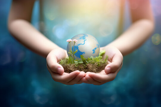 Environment Earth Day. a child holds flowering earth in his hands. eco, ecology and environmental conservation.