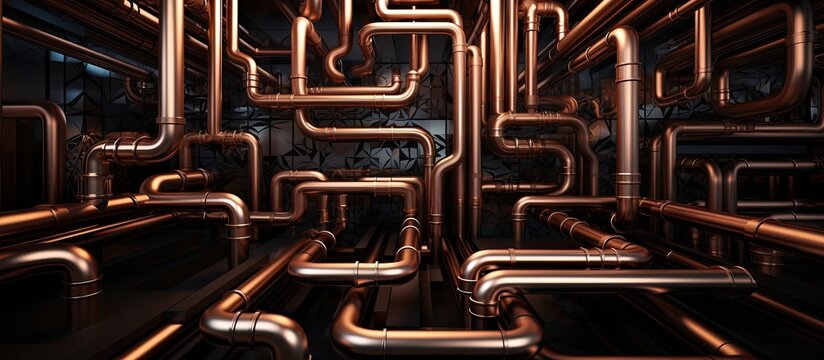 Steampunk copper pipe maze on black wall