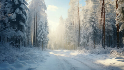 Fototapeta na wymiar Winter road in a snowy forest. Generation AI