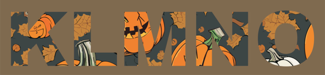 Vector Halloween font.
A set of letters of the english alphabet KLMNO with
pattern from pumpkin and autumn leaves
for halloween party and clothing, fabric, textile, paper, 
notepad, school notebook.